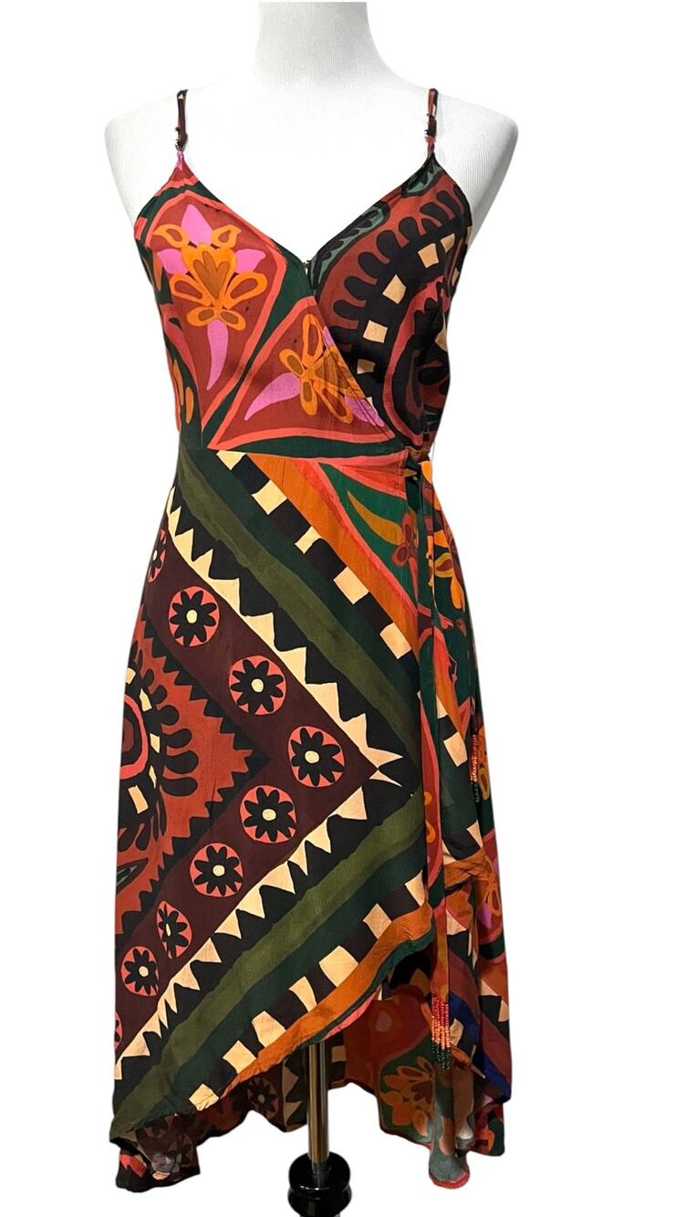 Farm Rio x Anthropologie Hanky Tribal Print Midi Wrap Dress Spaghetti Straps XS